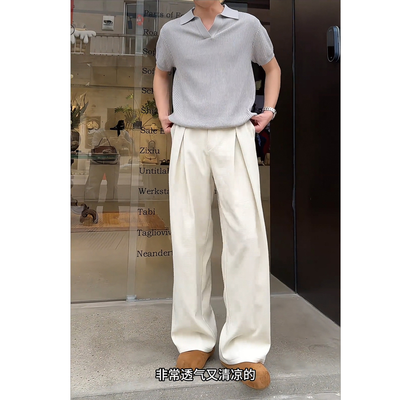 Beige Linen-Like Curved-Cut Dress Pants for Men, Summer and Autumn, Old Money Style, Drapey Pleated Trousers, Relaxed Straight-Leg Long Pants