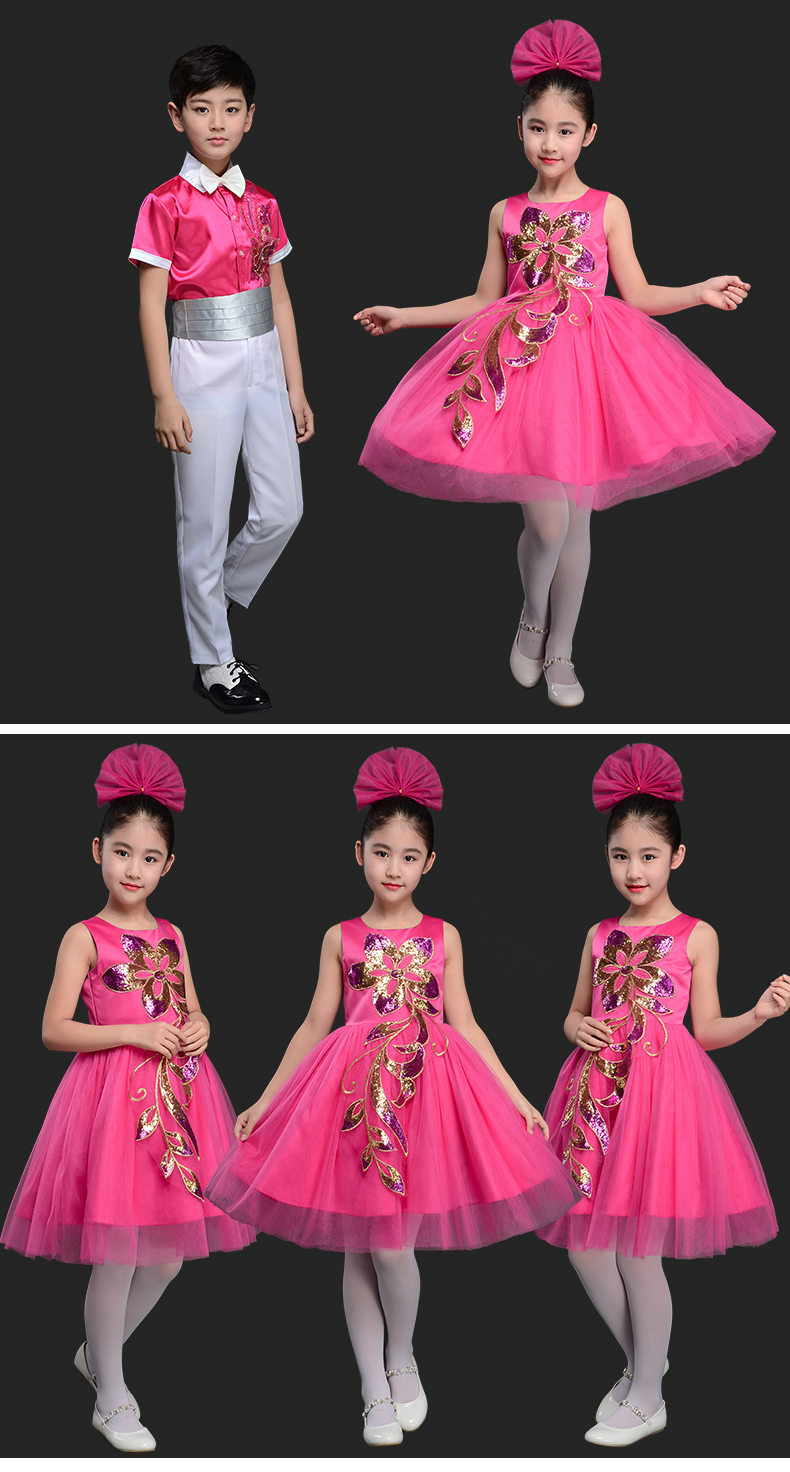 Trang phục biểu diễn sân khấu ngày tết, học sinh tiểu học và trung học hợp xướng nam nữ công chúa mặc trang phục múa mẫu giáo quần áo bé gái