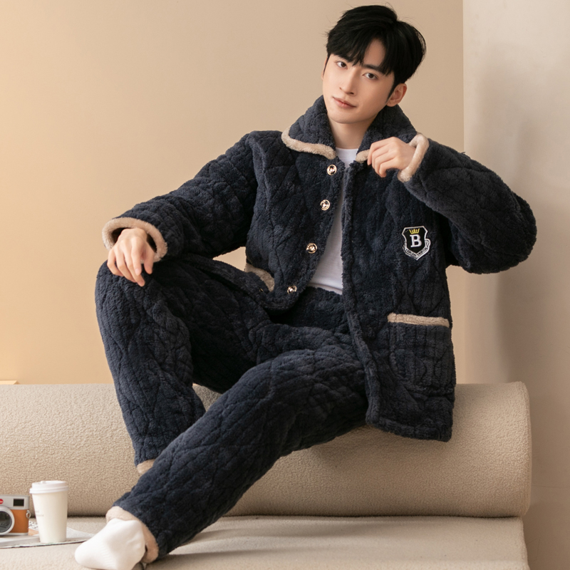 Winter Men's Triple thickened clip cotton pyjamas Coral Flannel Suede Suit New Winter Warm Cotton Padded Jacket-Taobao