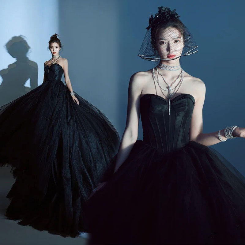 Photo Gallery Themed Clothing Brigade Beat Little Frescoed Black Wedding yarn Ribbon Dress for True Couple Photography Photography Gown