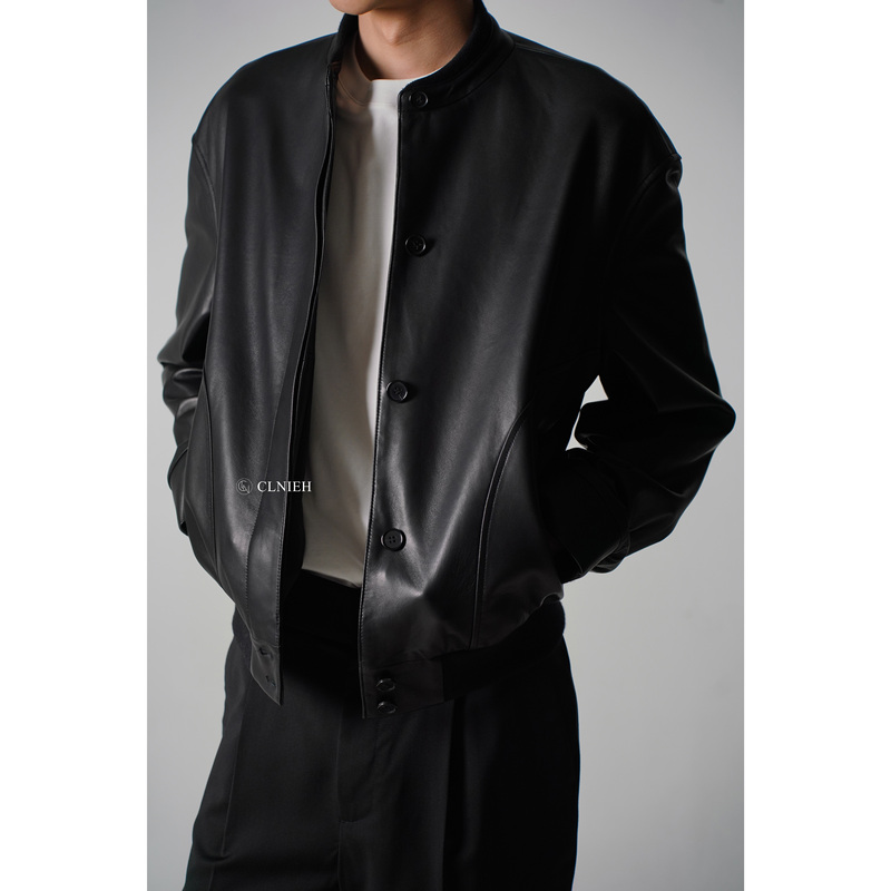 Clnieh British Imported Sheepskin Minimalist Luxury Style Baseball Collar Silhouette Waist-Cinching Leather Jacket