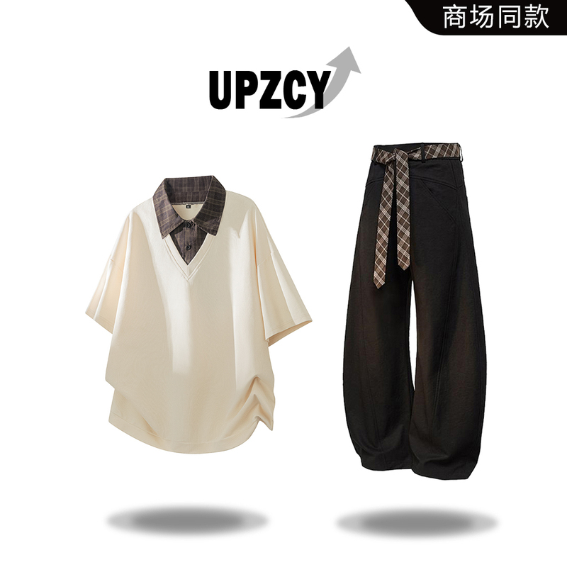 Upzcy American-Style Casual Two-Piece Short-Sleeve T-Shirt Top for Men, Summer Design Versatile Two-Piece Set Upzcy American-Style Casual Two-Piece Short-Sleeve T-Shirt Top for Men, Summer Design Versatile Two-Piece Set