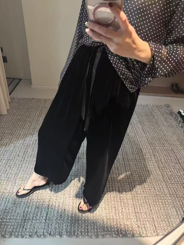 Designer Brand Genuine Mulberry Silk Velvet Simple Tie Elastic Waist Silk Velvet Cropped Wide-Leg Pants for Women Designer Brand Genuine Mulberry Silk Velvet Simple Tie Elastic Waist Silk Velvet Cropped Wide-Leg Pants for Women