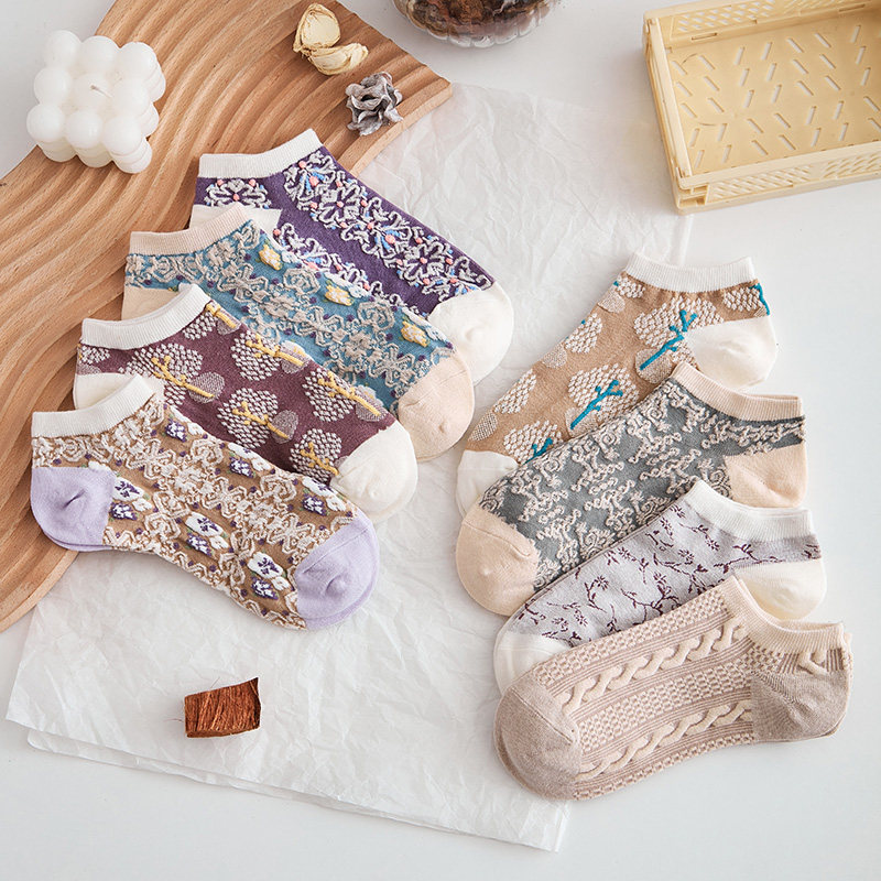 Socks Children Short Socks Ins Chains Chains Chains Chauchsia Flowers Pure Cotton Art Retro Scents Lavender Shallow Low Bunch of summer Invisible Sox