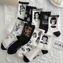 Black Socks Children Spring Autumn Pure Cotton Medium Cylinder Ins Tide Han Edition Day Ensemble Cute Cartoon Sport 100 Hitch White Long Socks