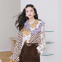 (Wake up) Retro-style splicing Collision Color Printed Lotus Leaf Collar Shirt Woman Spring Loose Agaric Side Shirt 2022