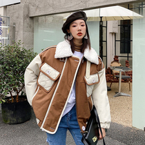 (Words wake up) fried street color wool collar cotton jacket short coat female winter splicing loose bomber jacket thick cotton coat