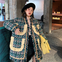 (Wake Up) Thousand-bird-style Lotus Leaf with multiple pockets to weave the fluor wool and the coat female spring and autumn in the long-style coat