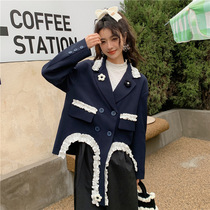 (Wake Up) Act Splicing Collision with Lotus Leaf Side Wave Down Swing Suit Jacket Woman Spring Loose Suit 2022 New
