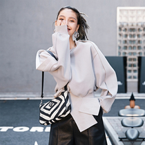 (Words wake up) designer asymmetric split sweater female spring gray loose profile baseball shirt pullover T-shirt