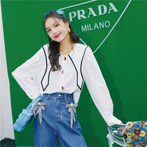 (Wake Up) Retro Collision Color Navy Collar Long Sleeve White Shirt Woman Spring Imitation Amber Button Loose Shirt 2022