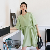 (Words wake up) fruit green pleated big T-shirt skirt women Summer collar Half sleeve designer loose dress thin