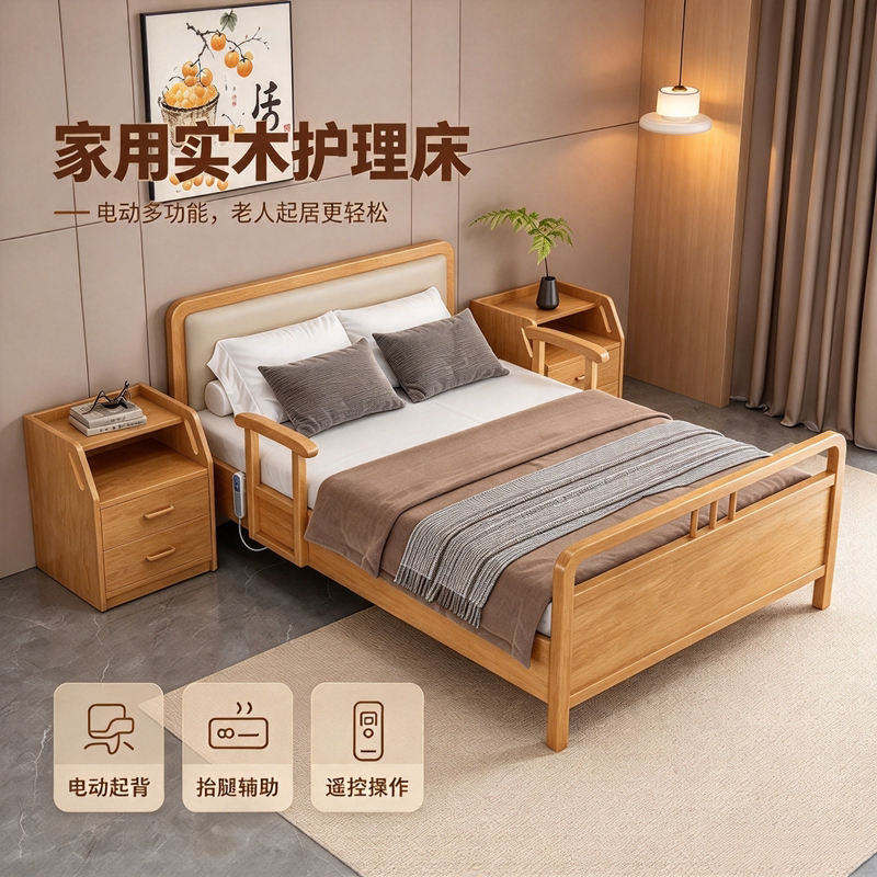 Special Bed for the Elderly, Multi-Functional Electric Smart Lift Bed, Home Use Liftable Bed, Nursing Home Solid Wood Electric Bed