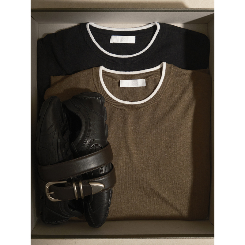 Gremade Italian Emiroglio Brand Linen Blend Color-Blocked Fake Two-Piece Style Short-Sleeved T-Shirt