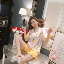Pajamas women summer silk short sleeve shorts thin Korean version of ice silk loose fresh cute home clothing two-piece suit