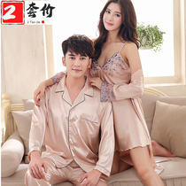 Couple pajamas women's nightgown spring and autumn ice silk sling small sexy summer thin men's long sleeve real silk household clothing