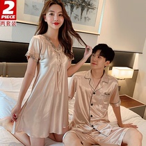 Couple pajamas ice silk women summer short sleeve lace sexy silk men's home clothing thin nightgown two-piece set