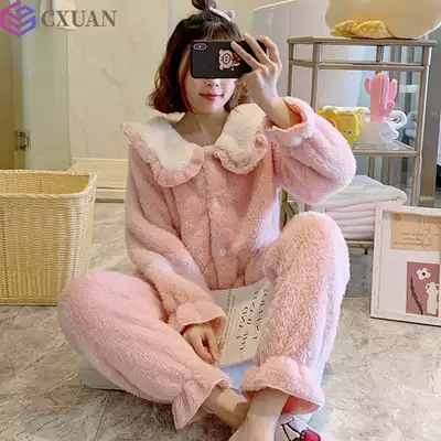 Pajamas women's autumn and winter coral velvet home clothes Korean version of spring cute loose flannel thickened sweet can be worn outside