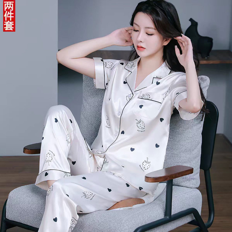 Ice Silk Pajamas for Women, Autumn and Summer New Style, Short-Sleeved Long Pants, Cute Printed Sexy Silk Two-Piece Home Wear Set