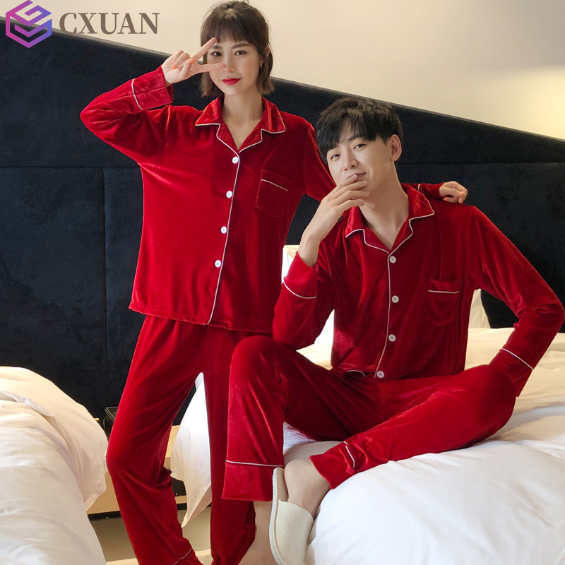 Golden Velvet Lovers Pyjamas Women Autumn/Winter Red Wedding Thin men's Benlife Long sleeves Sleeves Big Size 200 catty