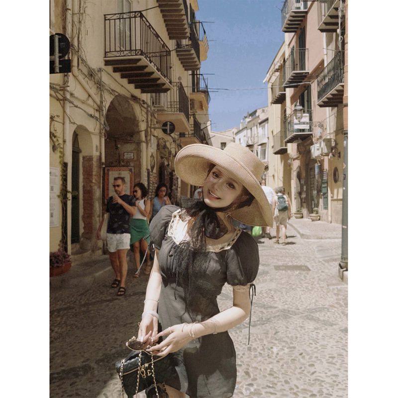 Doggyqin Sicilian Old Alley/French Retro Polka Dot Dress Women's Lace Trim Puff Sleeve Short Dress