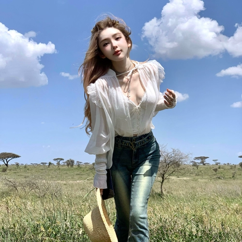 Группа для движения мягкого сердца Doggyqin/Pure Desire Wind Fish Bone Bone Cone Buns Женская рубашка для солнцезащитного крема Tianxian две части