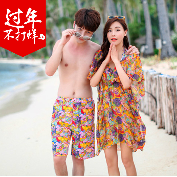 Small chest gathering split thin beach pants couple three suits swimsuit