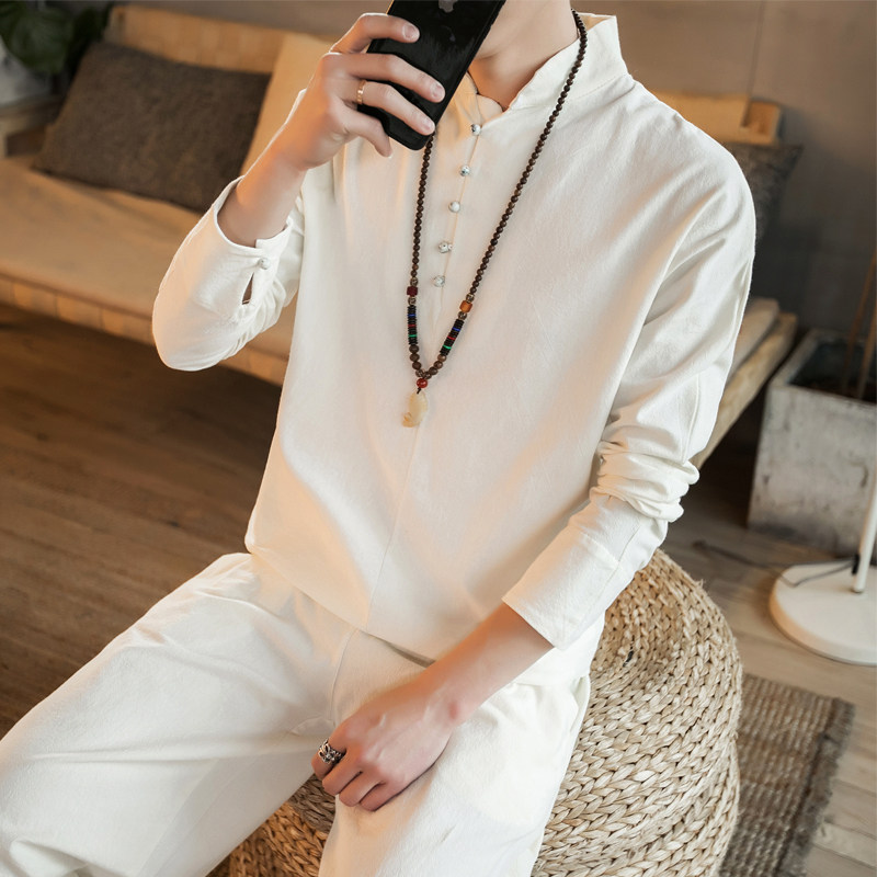 2018春季中国风棉麻汉服套装中式复古风男装大码居士服禅服两件套