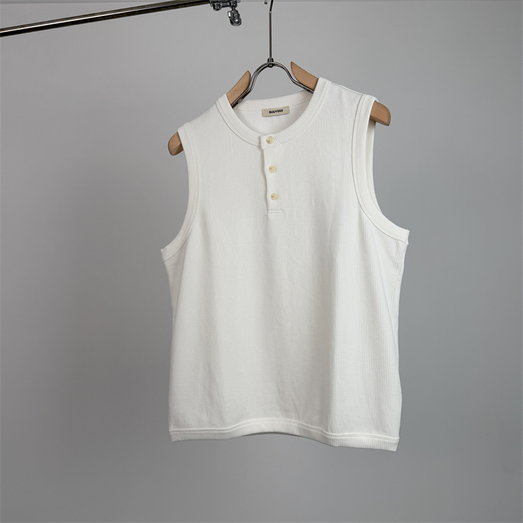 【Chuan】Summer New Style American-Style Henley Collar Heavy Texture Solid Color Sleeveless Vest Men's Fashion Sports T-Shirt