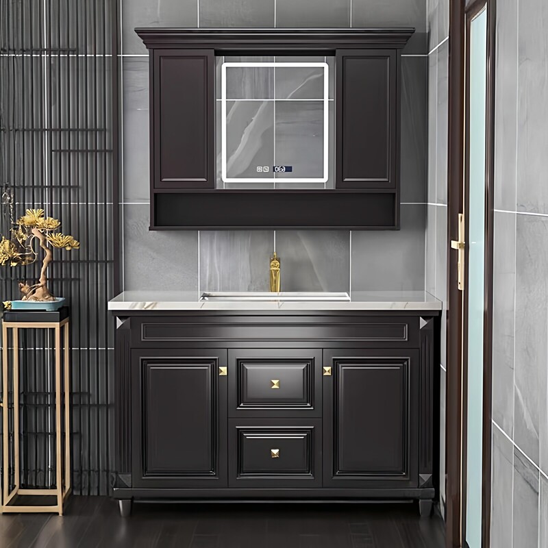 American-Style Fengshui Mirror Floor-Standing Bathroom Cabinet with Sliding Hidden Mirror, Rock Slab Countertop, Walnut Color Washbasin Cabinet