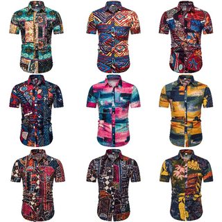 Men's ethnic printed short-sleeved shirts are fashionable and casual