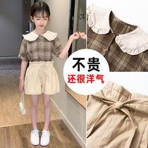 Girls summer suit Net Red foreign gas 2021 new childrens plaid short sleeve medium child Korean version of two-piece tide