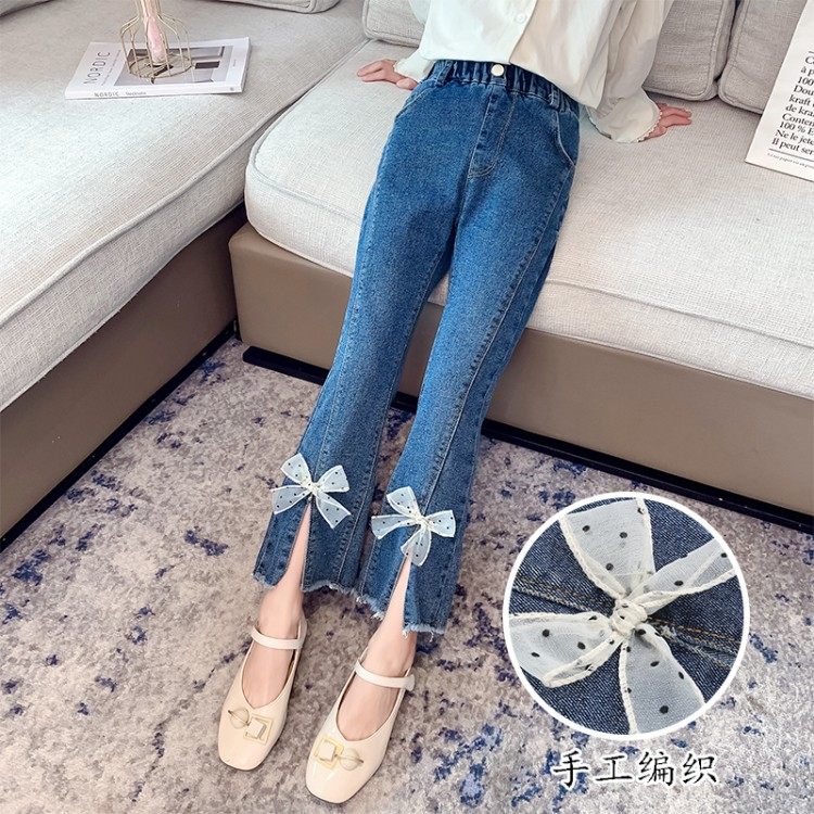 Girl Jeans Spring Autumn 2022 New Children Pants Girl Pants Girl Trousers CUHK Youngyo Pie Open Fork Microhorn Pants