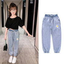 Girls Tencel jeans summer clothes 2021 new childrens anti mosquito pants thin loose sports foreign style long pants