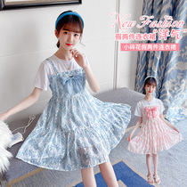 Girls dress Summer Yangqi Girl Child short sleeve false Two hanging band dress CUHK Tong sweet Princess Dresses