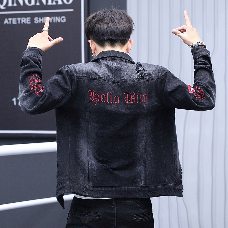 New Printed Men's Denim Jacket Men's Autumn Trendy Korean Style Slim Fashion Men's Ripped Casual Jacket Tops