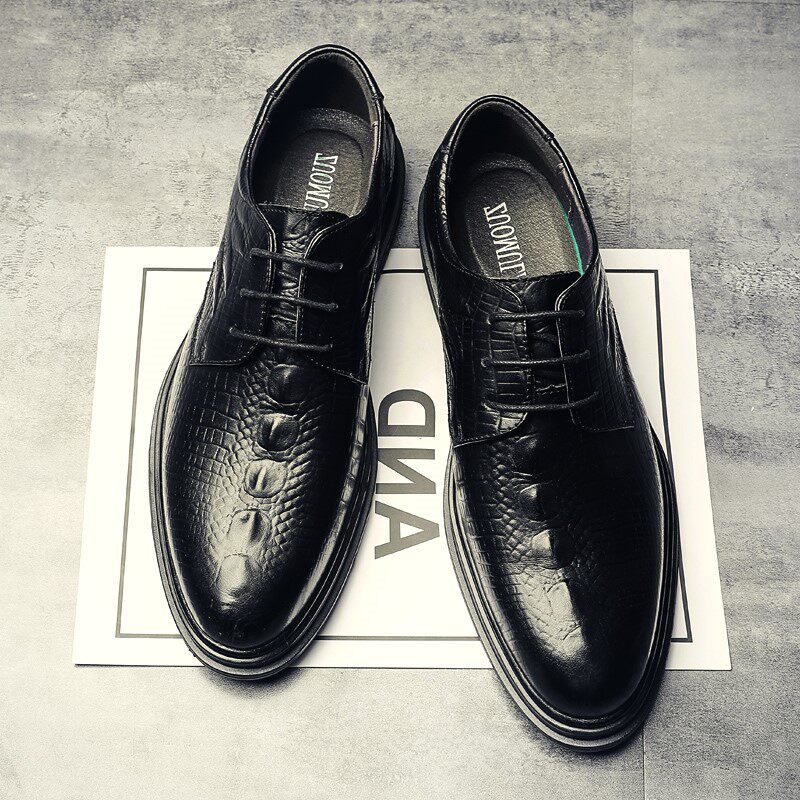First layer cowhide men's business formal leather shoes British casual black crocodile pattern leather single layer pointed toe wedding shoes