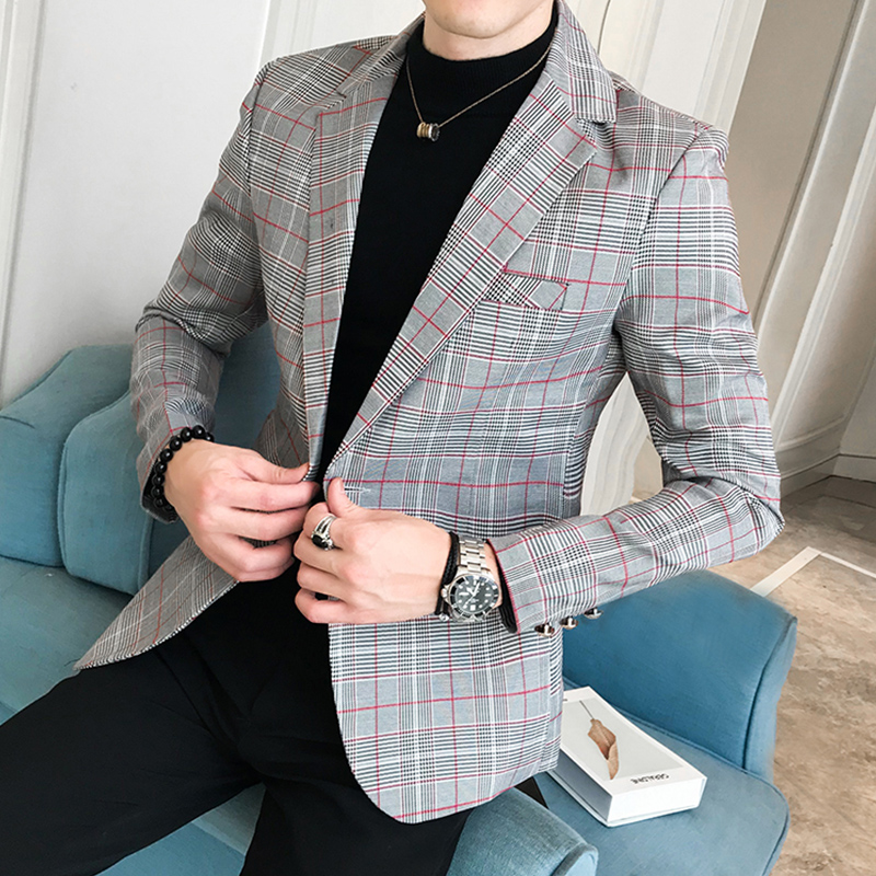 Business Plaid Small Suit Men's Slim Trend Korean Version Handsome Autumn Small Suit Jacket Thin Casual Single West