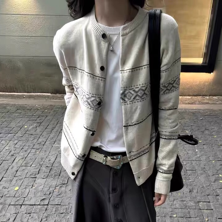 Korean Fair Isle High Intelligence Academy Style Jacquard Texture Wool Knit Cardigan Sweater