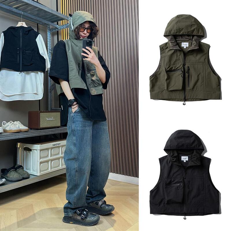 American Outdoor Mountain Style Loose Casual Hooded Vest for Men and Women, Short Stacked Windproof and Water-Repellent Sleeveless Jacket