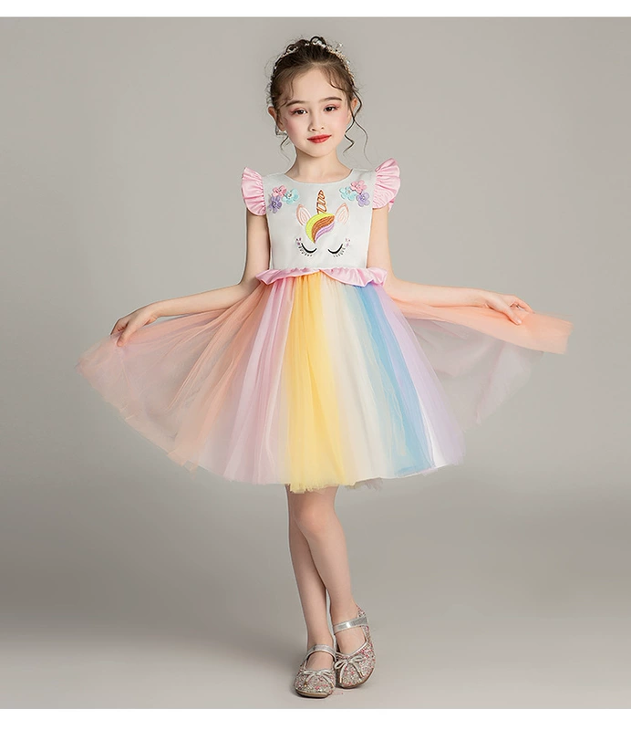 Cô gái công chúa váy mùa hè váy váy màu kỳ lân váy đỏ trẻ em trang phục biểu diễn của trẻ em - Váy trẻ em