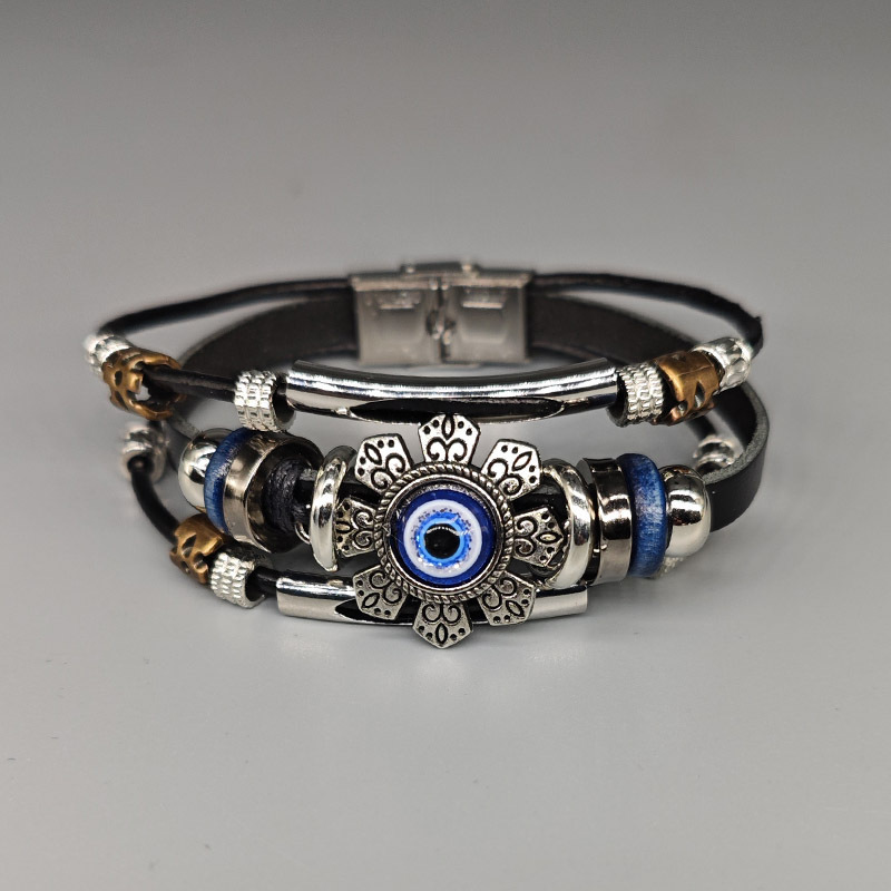 Turkish Evil Eye Bracelet for Men, Trendy European and American Retro Multi-Layer Punk Leather Bracelet, Exotic Style Hand Accessory Turkish Evil Eye Bracelet for Men, Trendy European and American Retro Multi-Layer Punk Leather Bracelet, Exotic Style Hand Accessory
