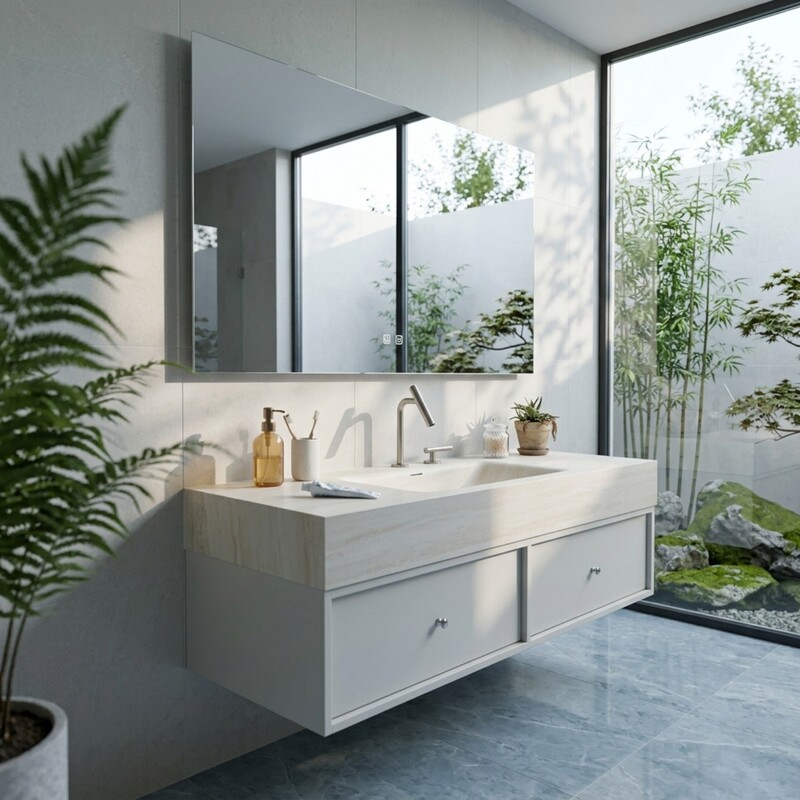 French-Style Light Luxury Wind-Sculpted Stone Seamless Hot-Bent Integrated Basin Bathroom Cabinet Set Custom Washbasin