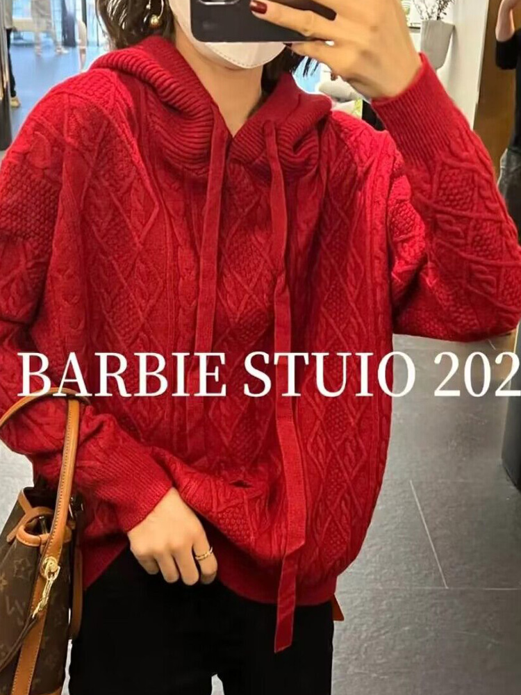 European station twist hooded sweater women's lazy style casual loose top versatile fashion bottoming sweater jacket