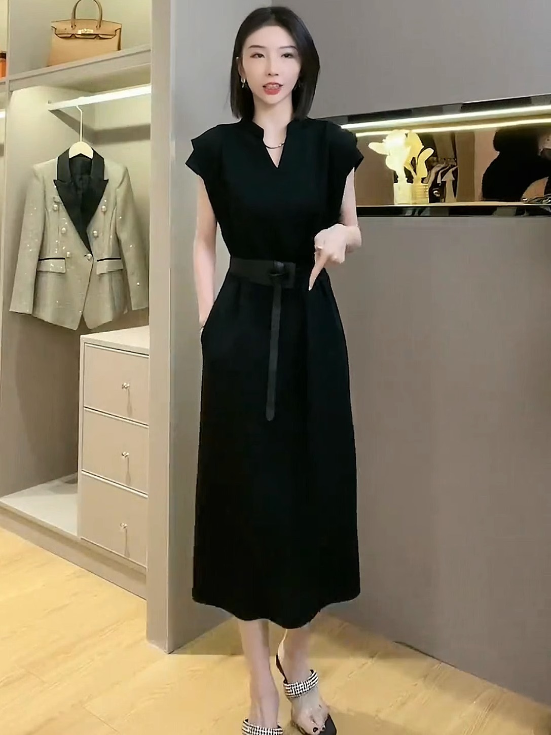 2023 Summer new Fashion temperament Long style black one-piece dress High sense high waist Slim Skirt Short Sleeve Woman-Taobao