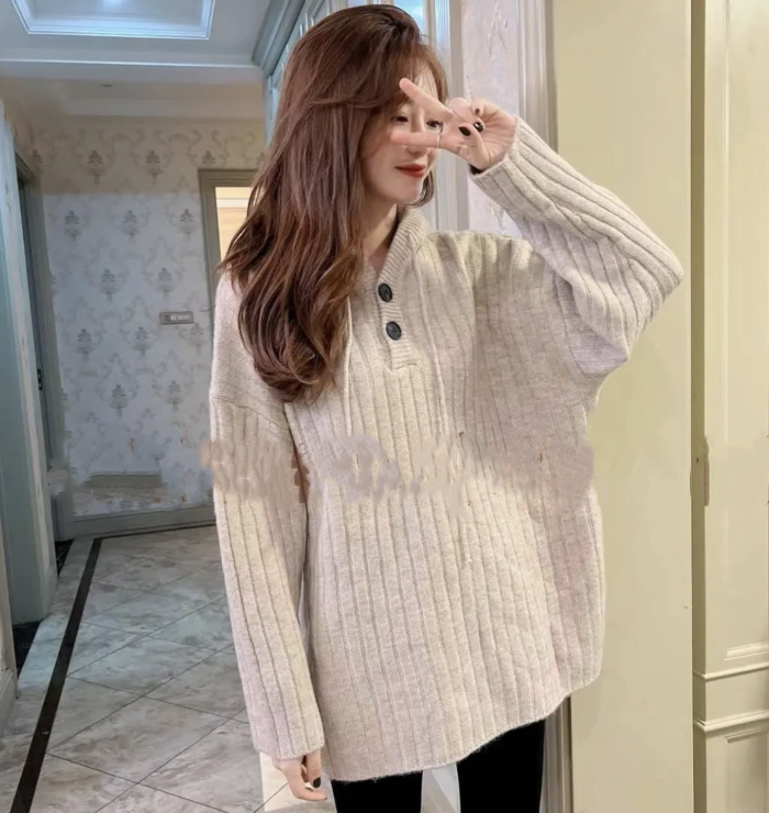 Middle - long - sleeved sweater in 2022 new autumn and winter relaxed wear Korean - sleeved lazy knitting shirt