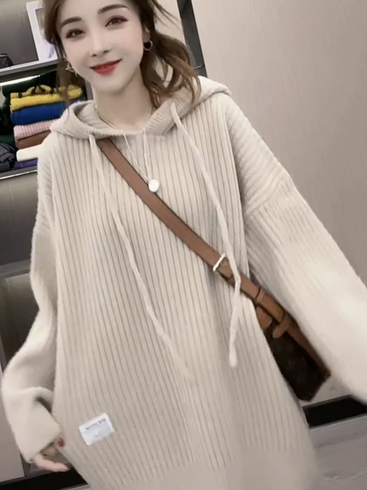 2022 autumn and winter new Korean version with hat-knitted sweatshirt woman in the middle of the school Wind letters Collage Pit Strips of Aging Hoodie-Taobao