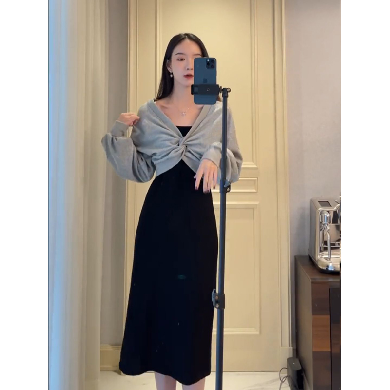 Janvini sister suit female 2022 new thin and gentle long-sleeved outer wear top suspender two-piece dress