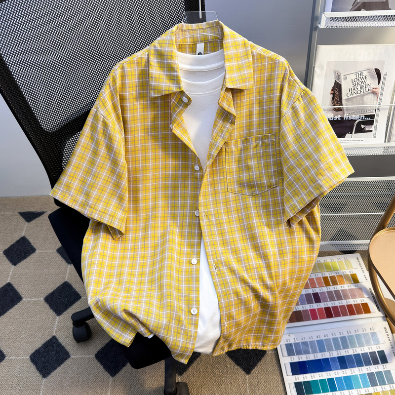 Dopamine Yellow Plaid Short-Sleeved Shirt for Men and Women, Summer Trendy Brand Couple Loose Casual Plaid Shirt Jacket Trendy Dopamine Yellow Plaid Short-Sleeved Shirt for Men and Women, Summer Trendy Brand Couple Loose Casual Plaid Shirt Jacket Trendy