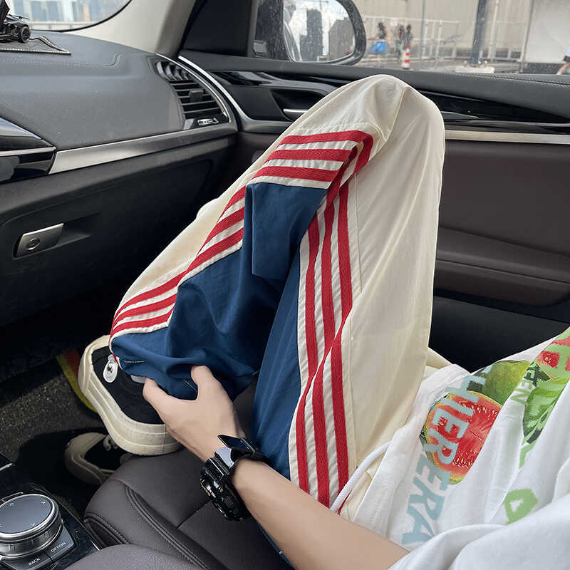 Ice Silk Quick-Dry Three-Stripe Pants for Men, Summer Trendy Brand Design, Unique Color-Blocking Striped Loose Casual Sports Pants